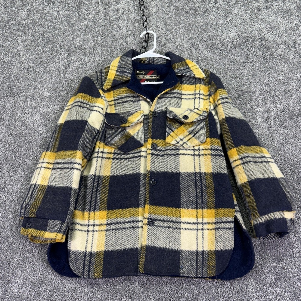 Vintage Sears Jacket Mens XS Blue Yellow Plaid Button Pockets Winter Outdoor